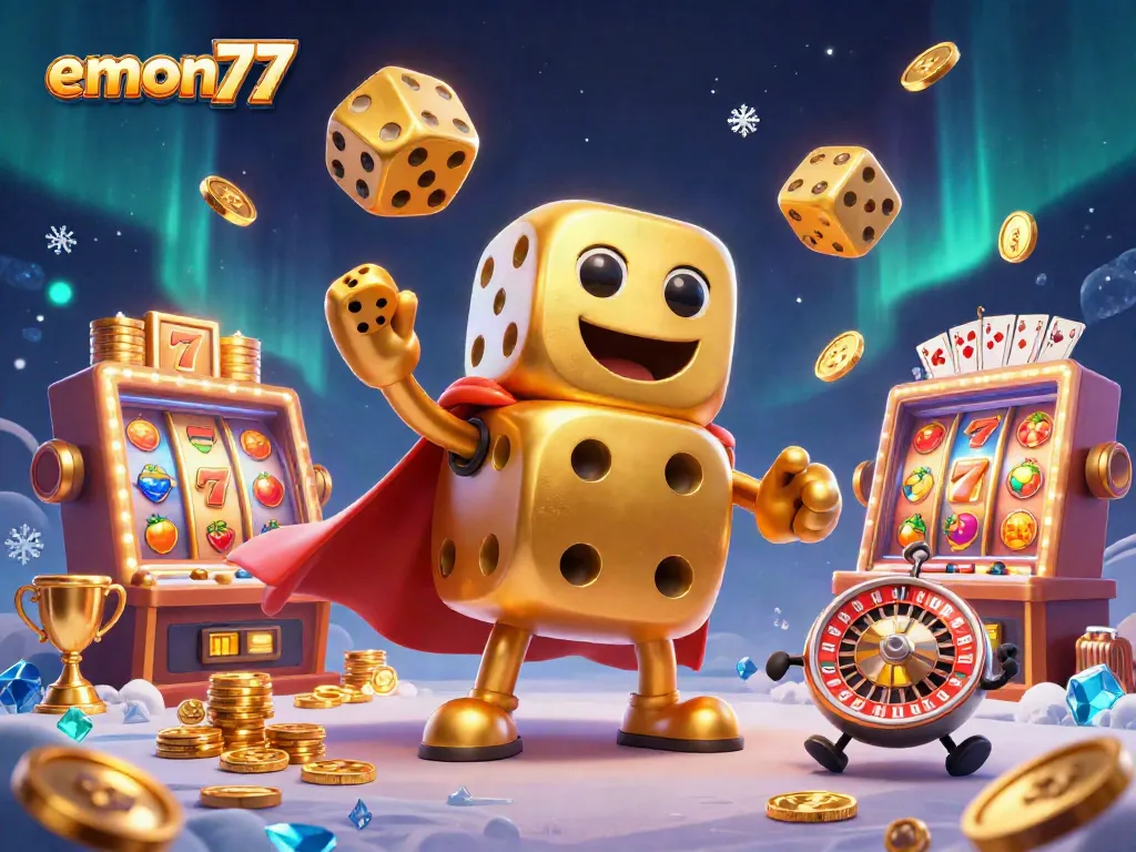 Spin the reels with emon77's engaging slots, featuring golden dice and vibrant casino elements.
