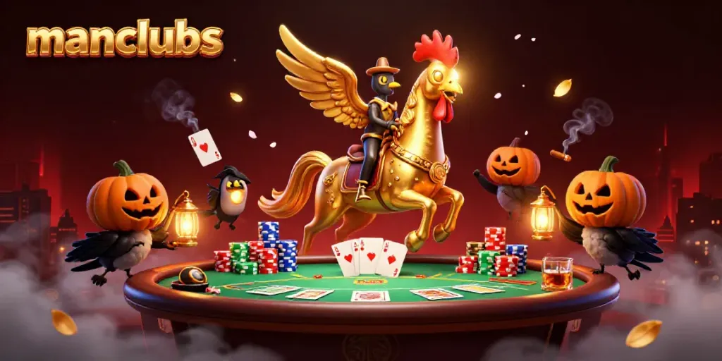 Join the excitement at manclubs with golden rooster characters and vibrant casino elements in a rich illustration.