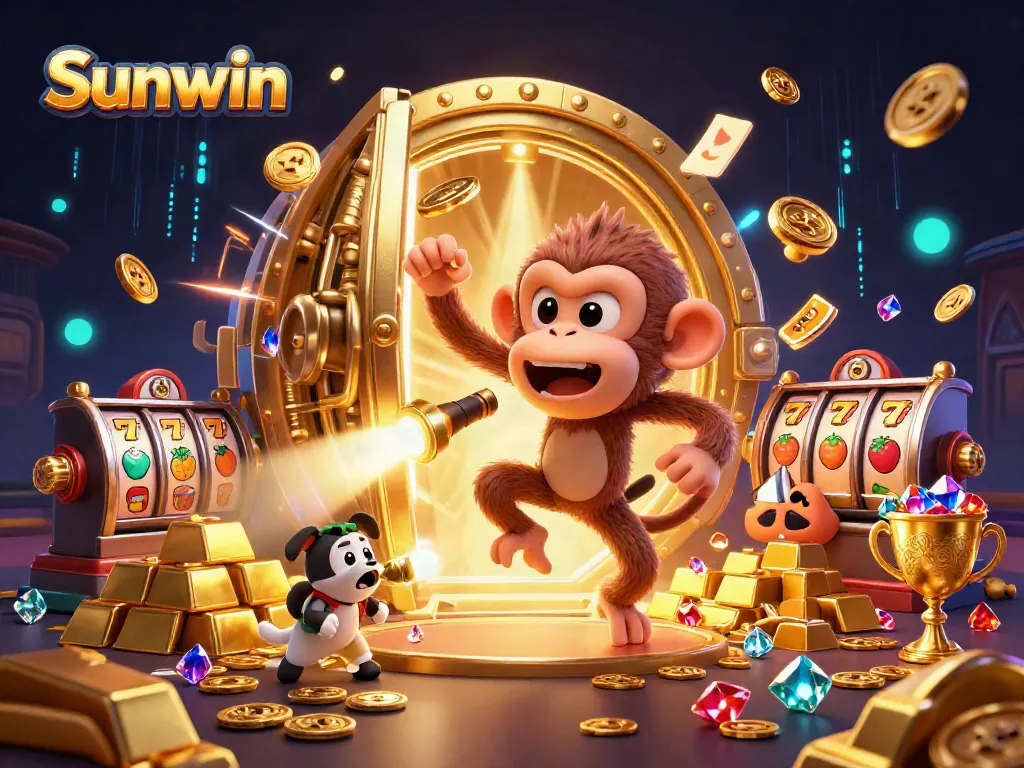 Sunwin showcases a lively casino scene with a playful monkey and a curious dog amidst vibrant gaming elements.