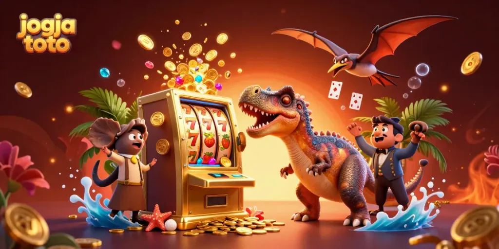 Experience exhilarating jackpots with jogja toto's vibrant casino scene featuring animated dinosaurs.