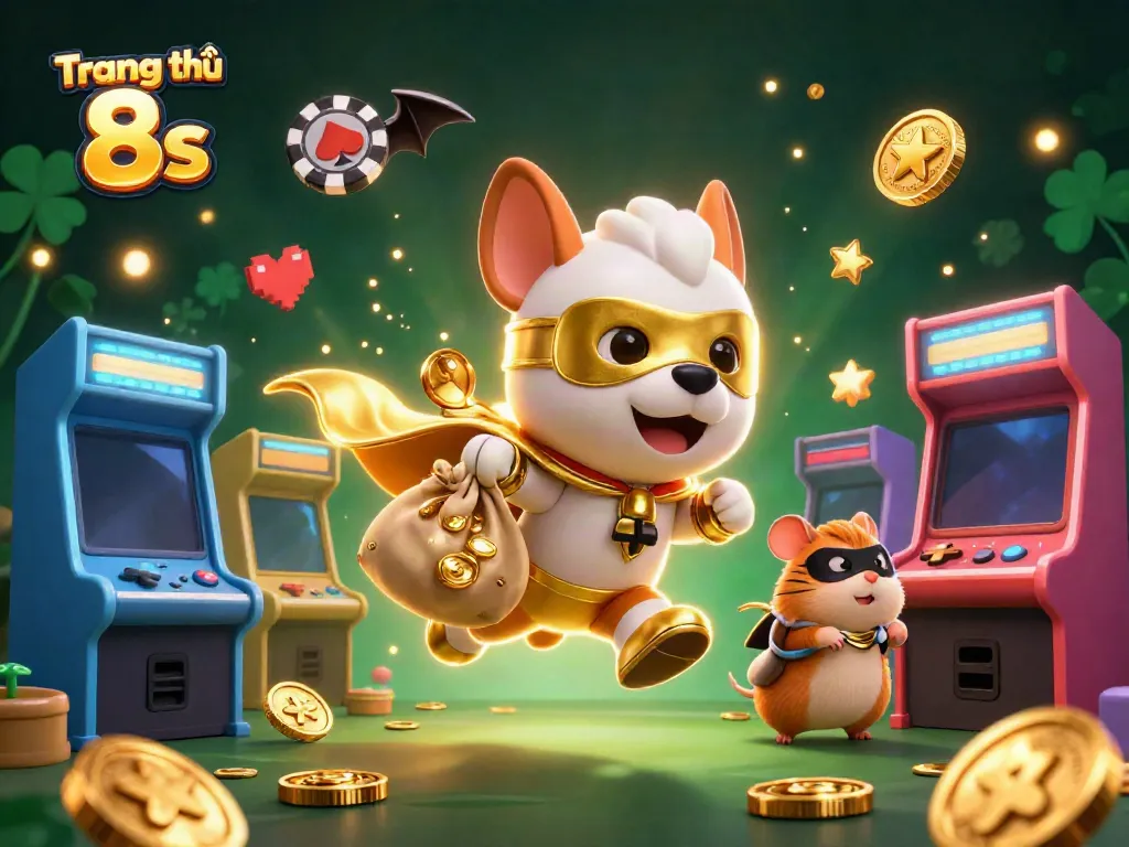 Join the adventure at Trang chủ 8s with a superhero dog and hamster collecting gold coins in a colorful casino world.