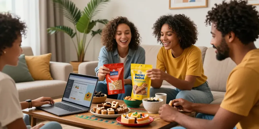 Teman-teman berbelanja produk Brasil secara online dengan laptop, dikelilingi camilan dan tanaman tropis.