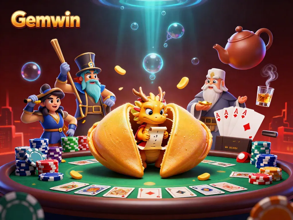 Experience Gemwin's vibrant casino world as the dragon reads fortunes amid poker excitement.
