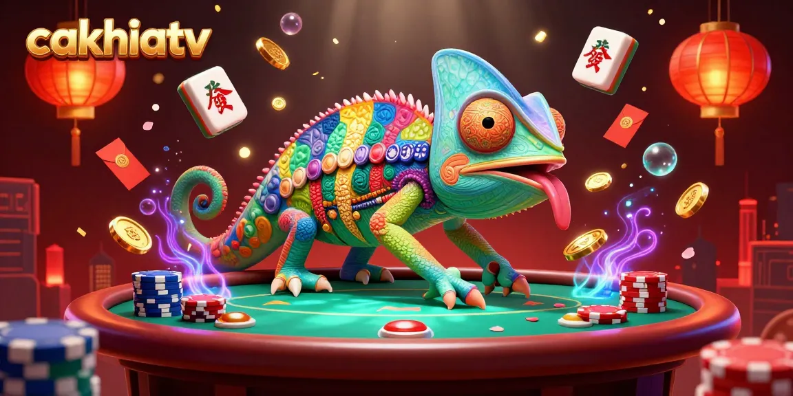 Cakhiatv's chameleon casino owner enjoying a vibrant gambling scene filled with poker elements and festive decorations.