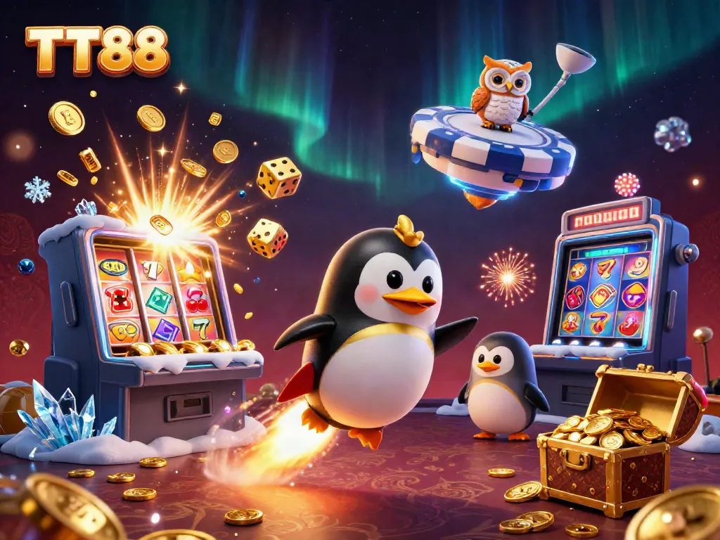 Experience thrilling TT88 adventures as a golden penguin zooms towards a jackpot-filled casino.