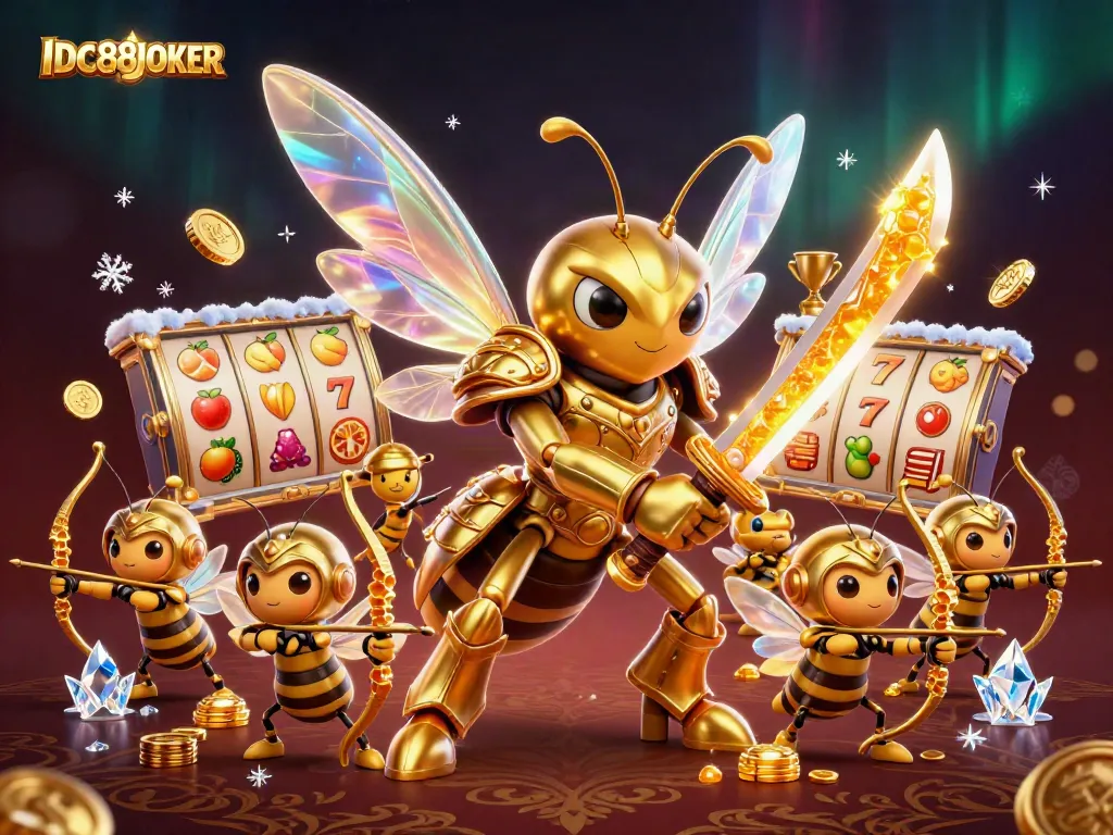 Experience thrilling gameplay with IDC88JOKER in this vibrant 3D scene featuring a samurai hornet and spinning fruit slot reels.