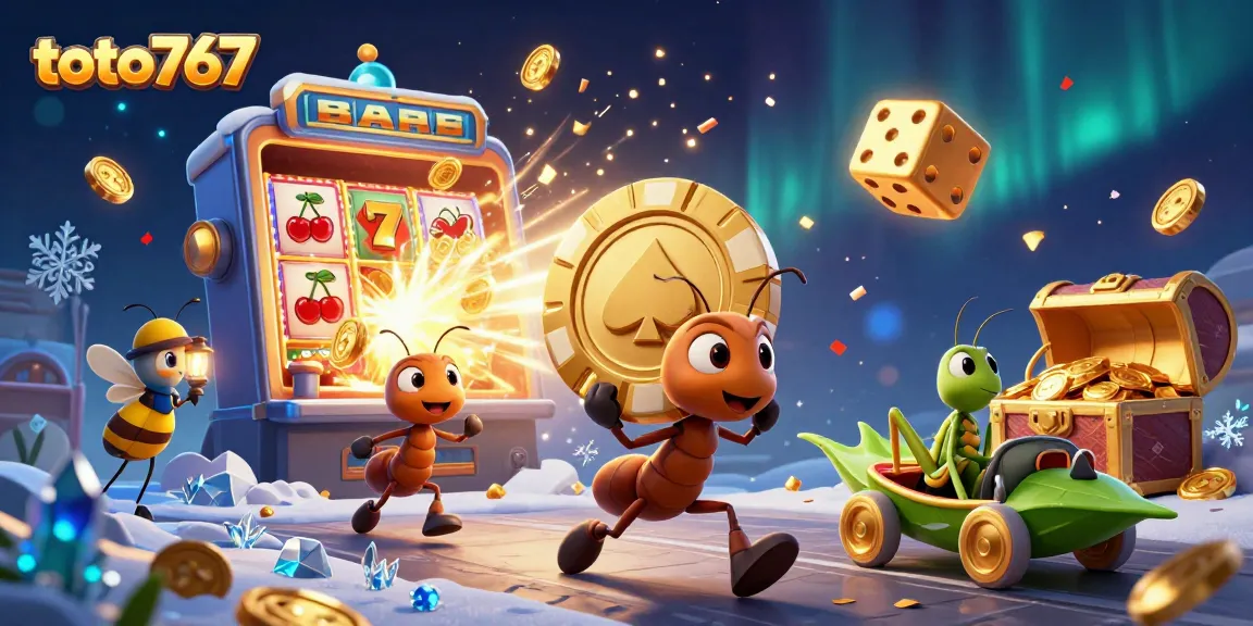 Menangkan permainan di toto767 dengan tim semut 3D beraksi membawa chip poker emas raksasa.