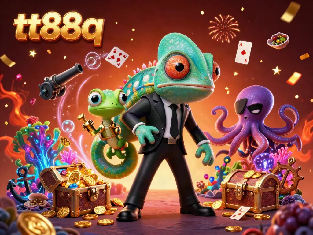 Interact with the vibrant tt88q casino scene featuring a secret agent chameleon amidst treasures and confetti.
