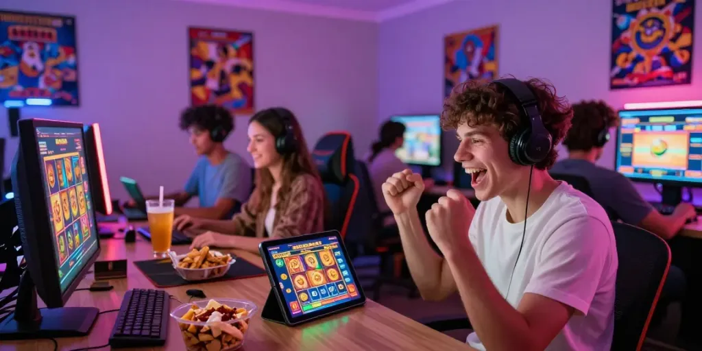 ASLOTRE dalam suasana gaming online yang ceria dan penuh semangat.