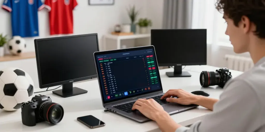 Pengguna KANTORBOLA terlibat dalam taruhan online dengan laptop dan smartphone.