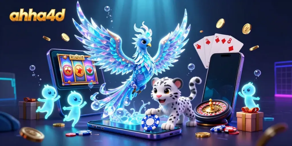 Experience the thrill of gaming with ahha4d, featuring a vibrant scene of slot action and playful characters.