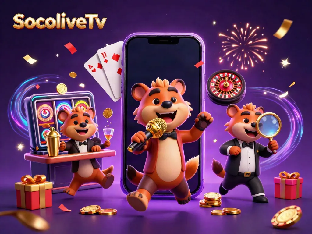 Join the fun at SocoliveTv with a dynamic comedy scene featuring hyenas, slots action, and festive vibes.