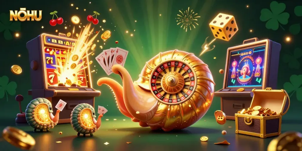 Experience the thrill of NOHU with a 3D ancient nautilus roulette wheel amidst a vibrant casino atmosphere.