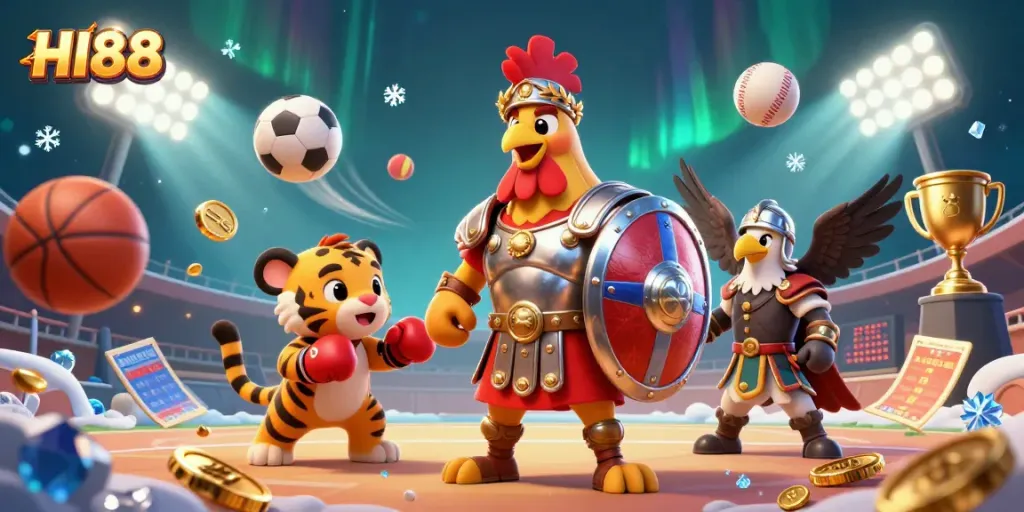 Engage with HI88 in a dynamic 3D casino scene featuring a gladiator rooster and sports elements.