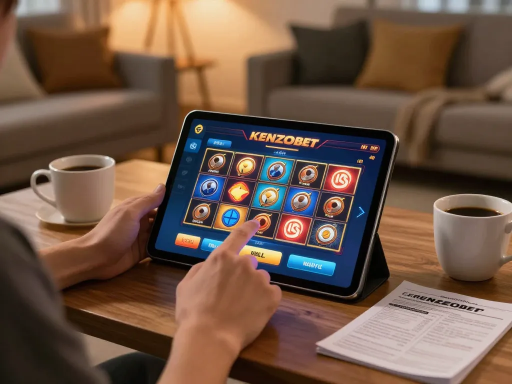 Player enjoying kenzobet slot on tablet with cozy home setting, showcasing strategic online gaming.