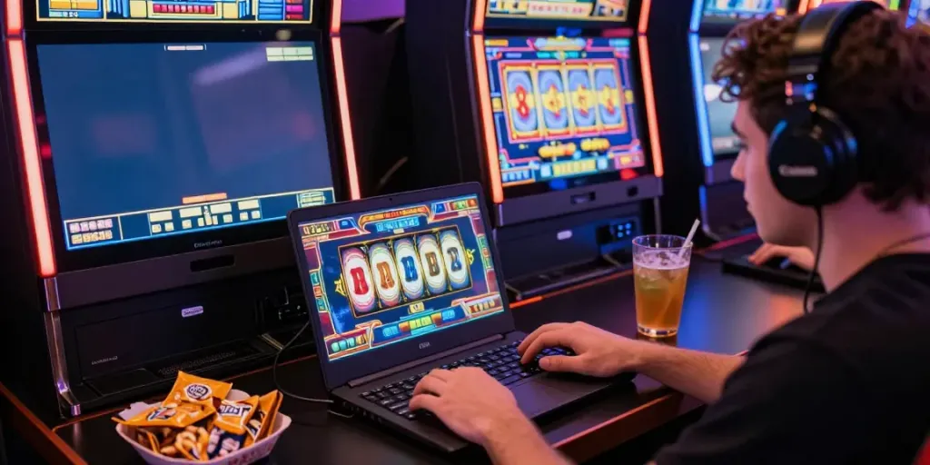 NAGAHOKI303 menampilkan pemain yang asyik bermain slot online dengan suasana yang seru dan penuh warna.