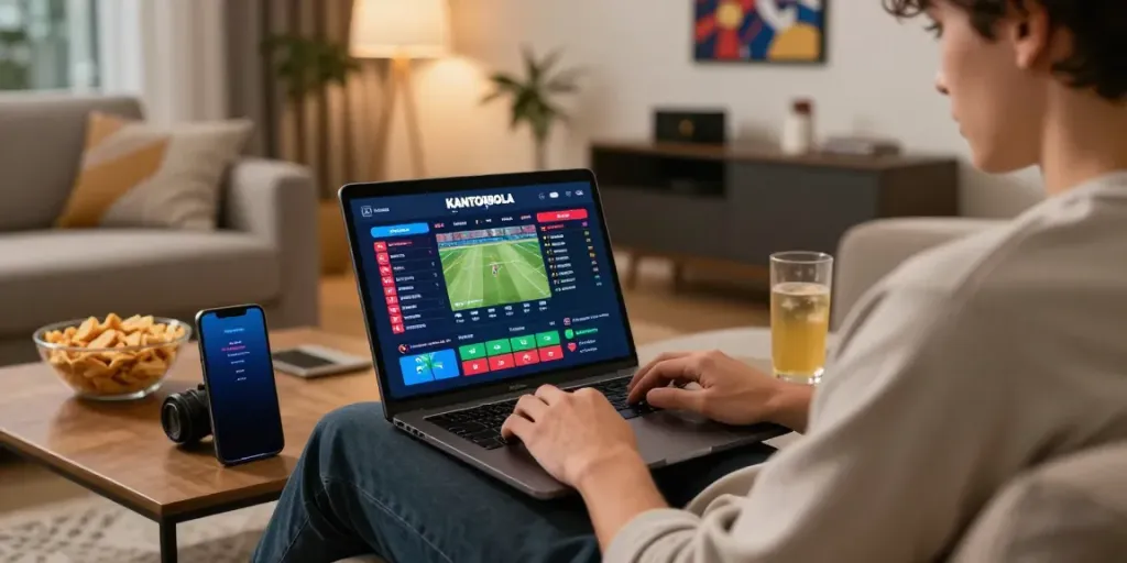 KANTORBOLA online betting experience in a cozy living room with vibrant digital displays and a relaxed atmosphere.