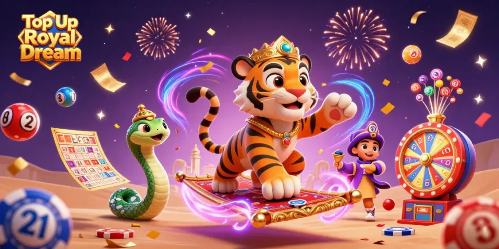 Top Up Royal Dream with dynamic elements including lottery balls, confetti, and a vibrant palace.