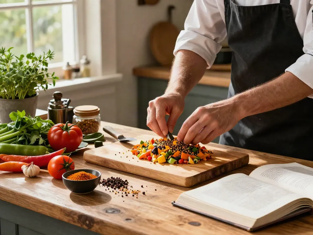 Memasak dengan annatto, bahan segar, dan suasana dapur yang hangat.
