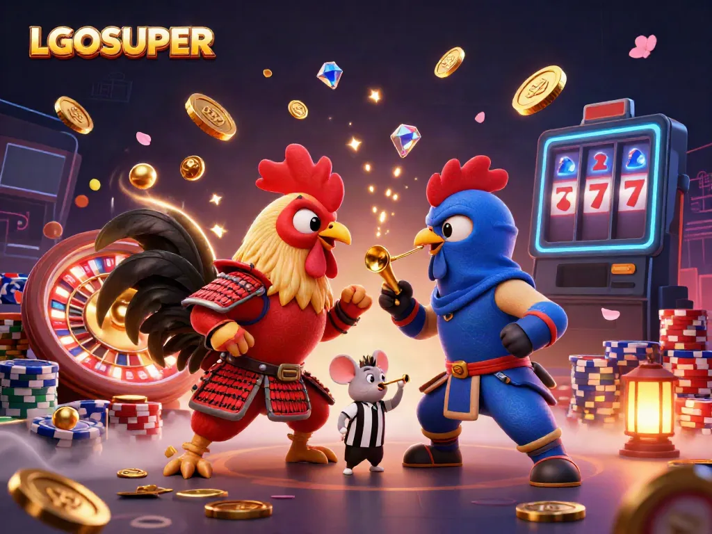 Experience the thrill of LGOSUPER with unique fighting roosters amidst dazzling casino elements.