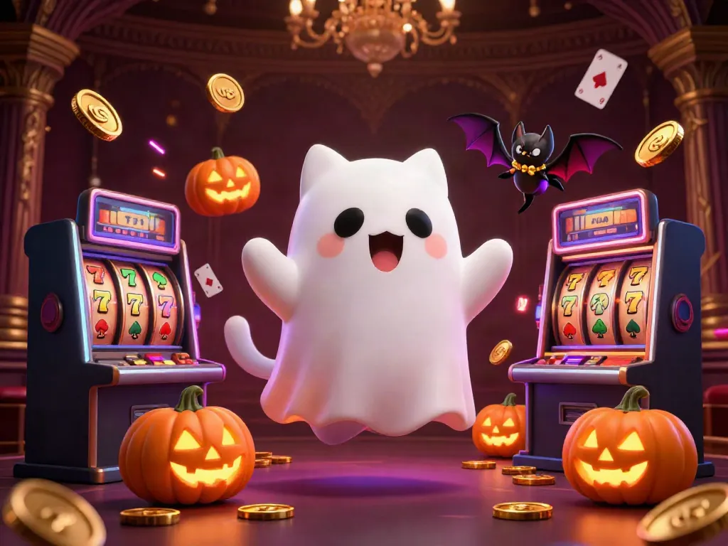 Spin and win at TR88 with a haunted casino scene showing a ghost cat, bat and spinning slots.