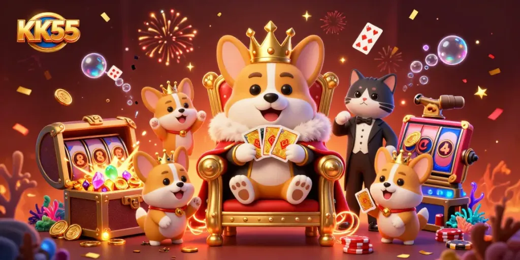 Join the fun at KK55 casino with colorful slots, golden treasures, and animated characters!
