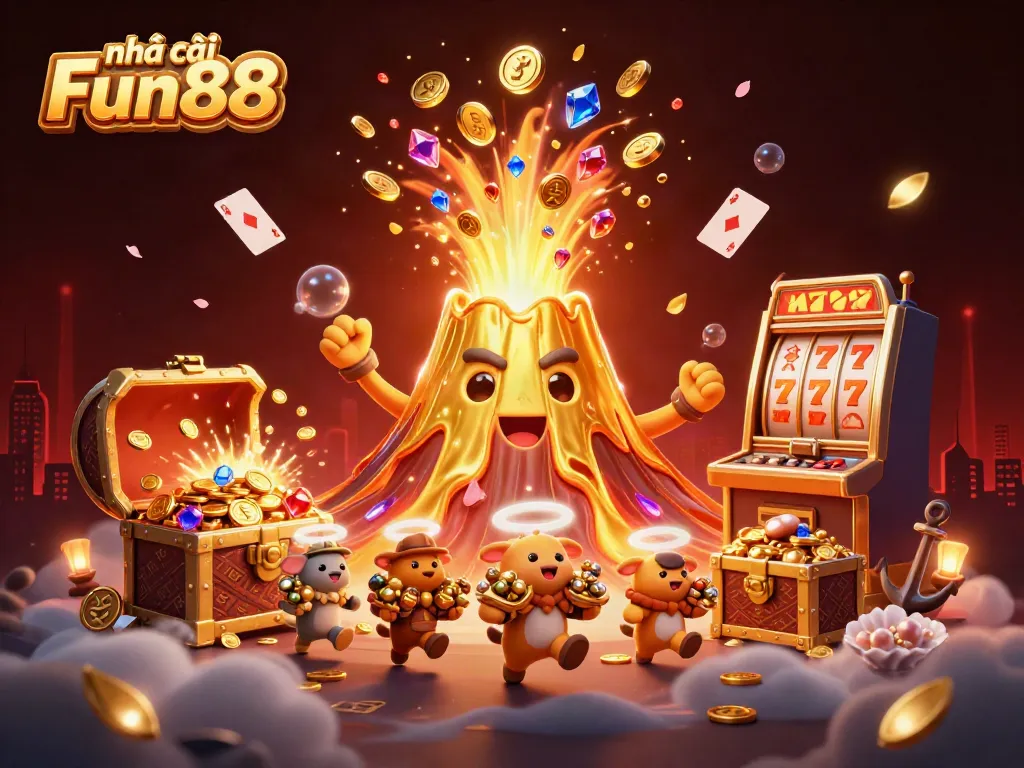 Experience the excitement of nhà cái Fun88 with a joyful volcano erupting treasures, enhancing your gaming adventure.