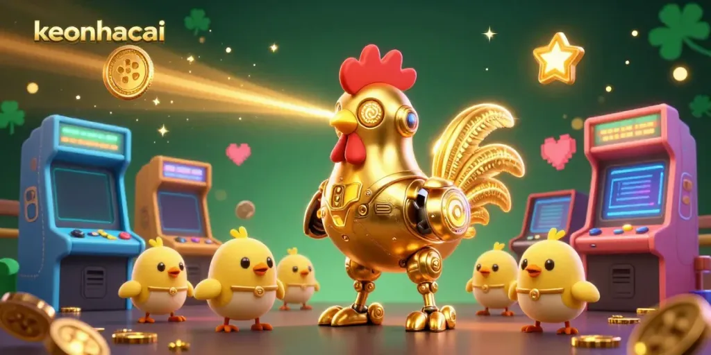 Experience winning strategies at keonhacai with a dynamic 3D gaming scene featuring a golden rooster robot.
