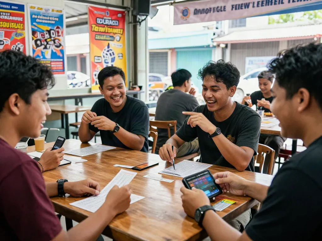 Suasana ramai teman-teman bermain DEWITOGEL di pusat komunitas, menunjukkan kegembiraan dan interaksi sosial.