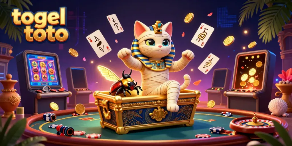 Menggandakan semangat togel toto dengan kucing mummy 3D dan elemen kasino yang memikat.