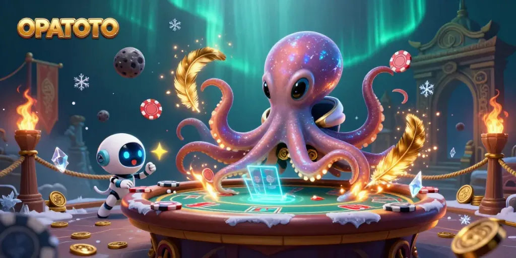 Engage in thrilling poker action with OPPATOTO's vibrant alien scene featuring a playful octopus.
