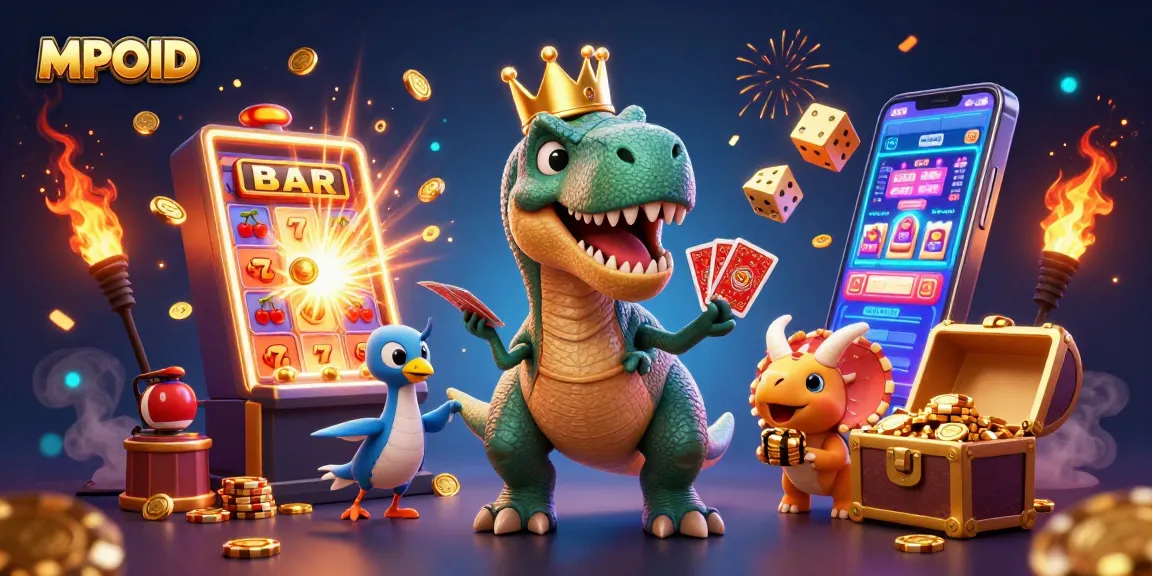 MPOID showcases a lively 3D scene with a T-Rex shuffling cards and vibrant casino elements.