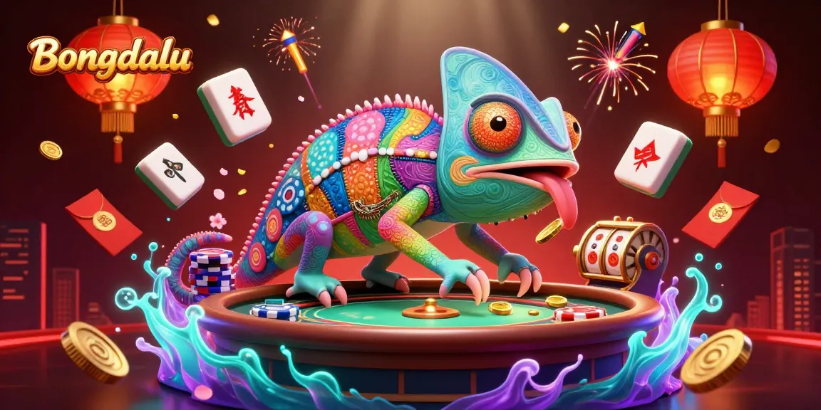 Bongdalu reveals a vibrant scene of a chameleon casino owner capturing golden coins amidst lively game elements.