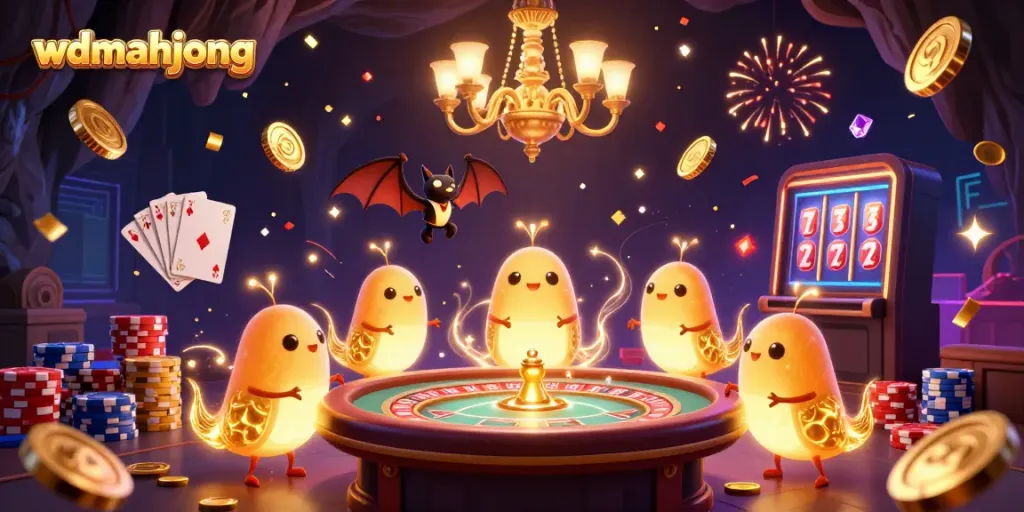 Experience thrilling gameplay at wdmahjong with vibrant glowworms illuminating a dynamic casino scene.