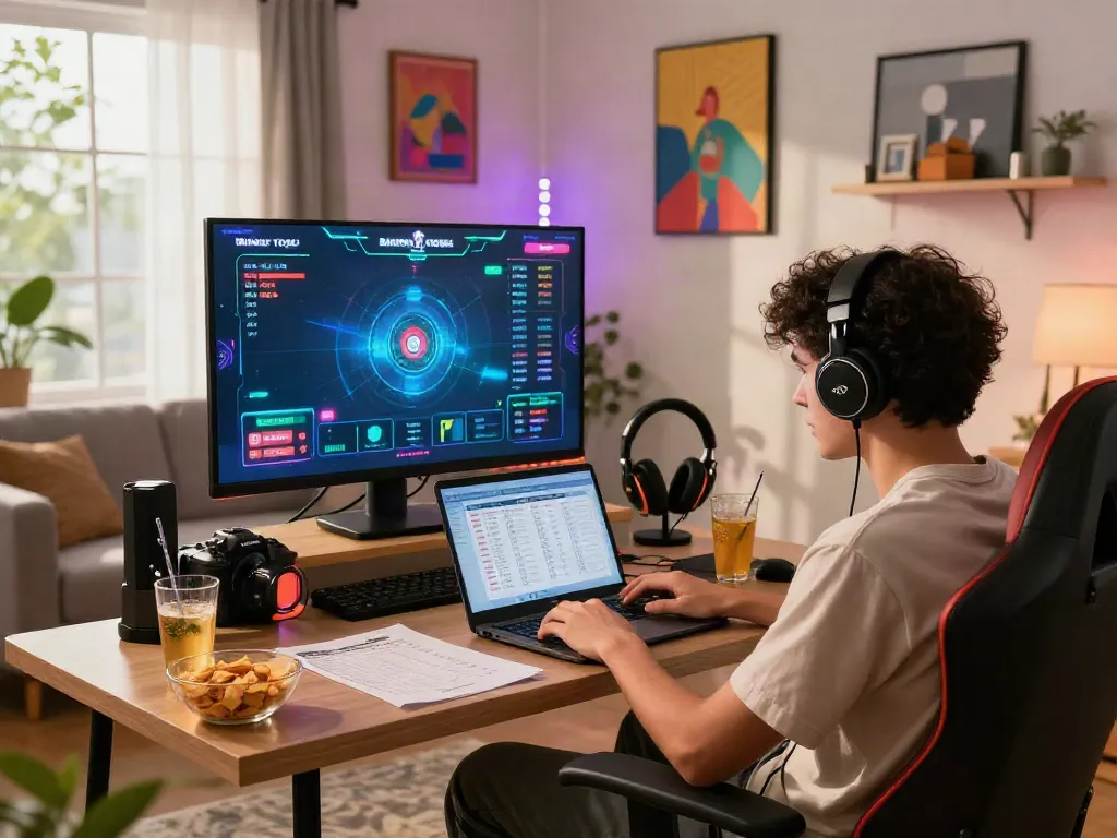 Engaging Bandar Togel gaming scene featuring a focused player in a modern living room, vibrant atmosphere.