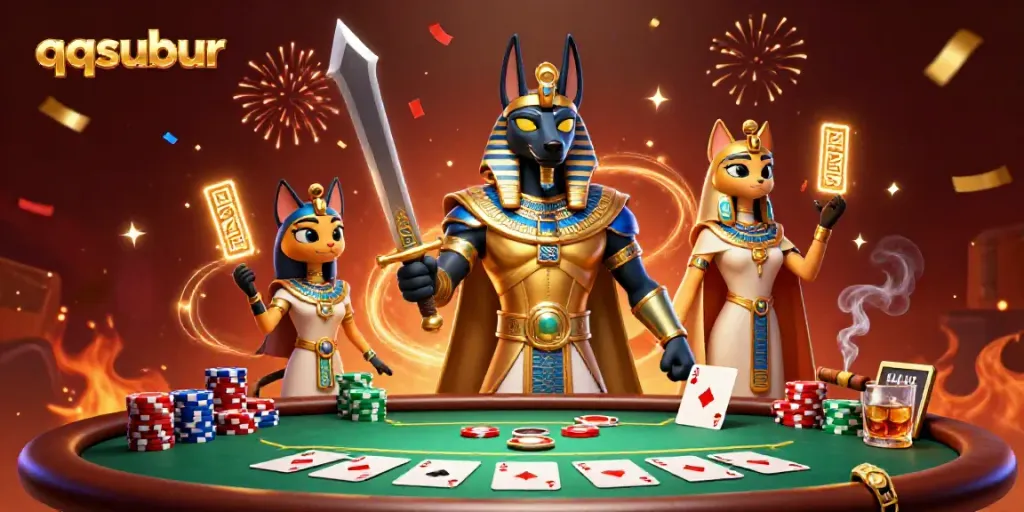 Engage with qqsubur in a vibrant 3D casino scene featuring Anubis and Bastet amidst poker excitement.