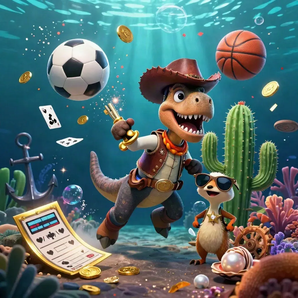 T-Rex koboi, kaktus, dan roadrunner di laut harta dengan bola dan kilau emas.