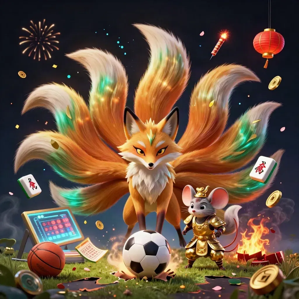 Rubah roh berekor sembilan dan tikus samurai, bola sepak, koin emas, lentera, dan efek magis