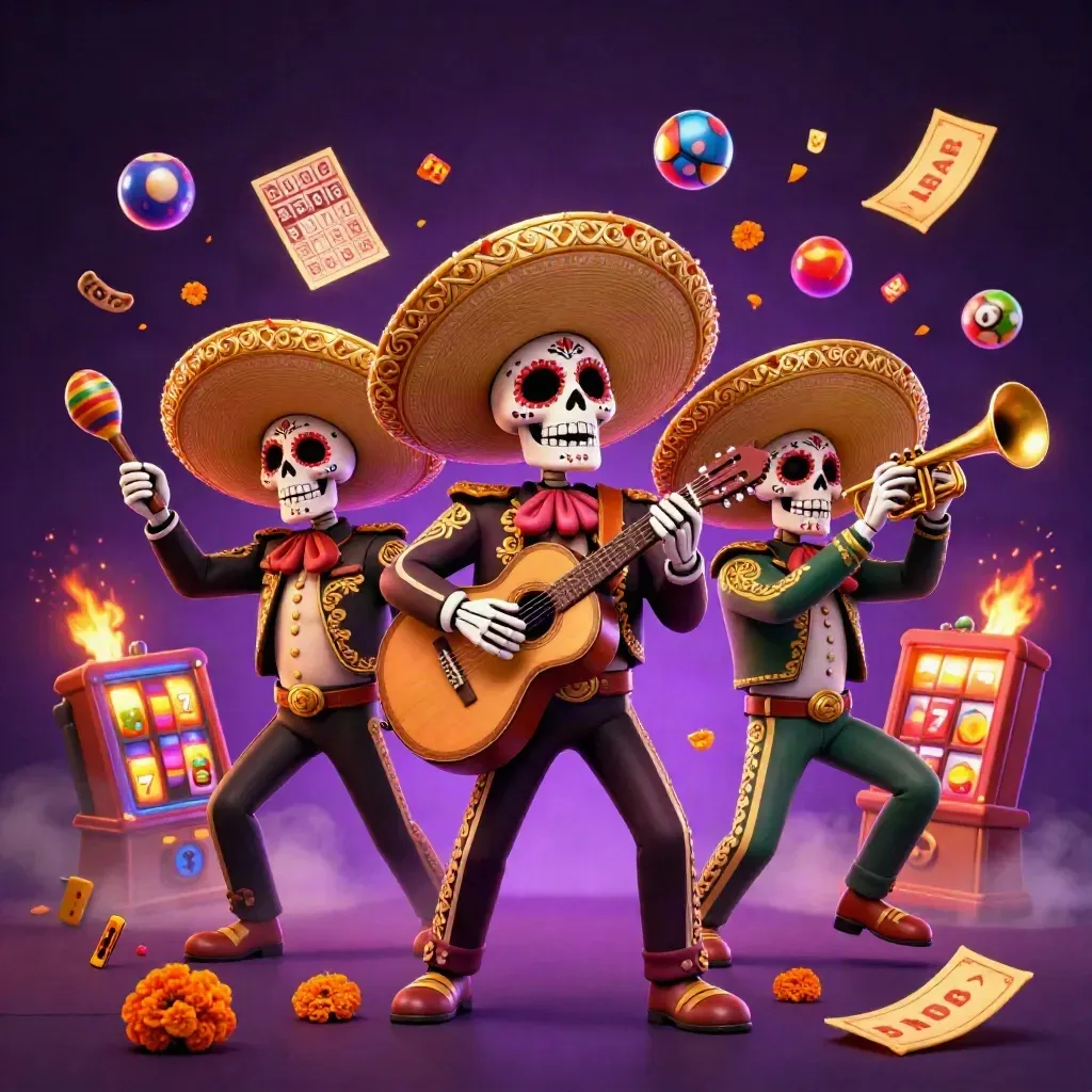 Tiga skeleton mariachi, bola lotre, roda hadiah, dan tiket emas meledak di latar ungu gelap.