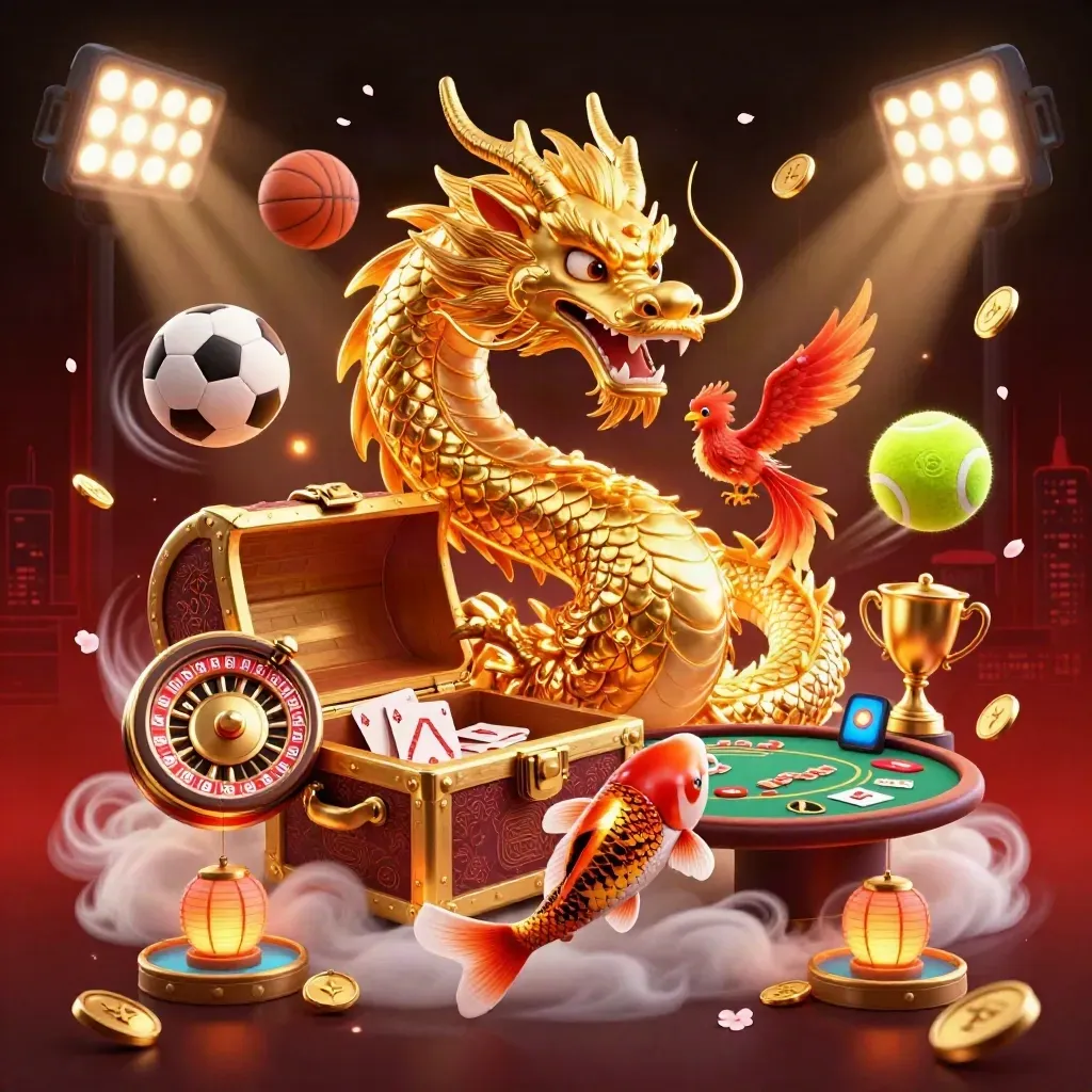 Naga emas 3D, phoenix, koi, koin, bola olahraga, dan efek kasino meledak di latar merah gelap.