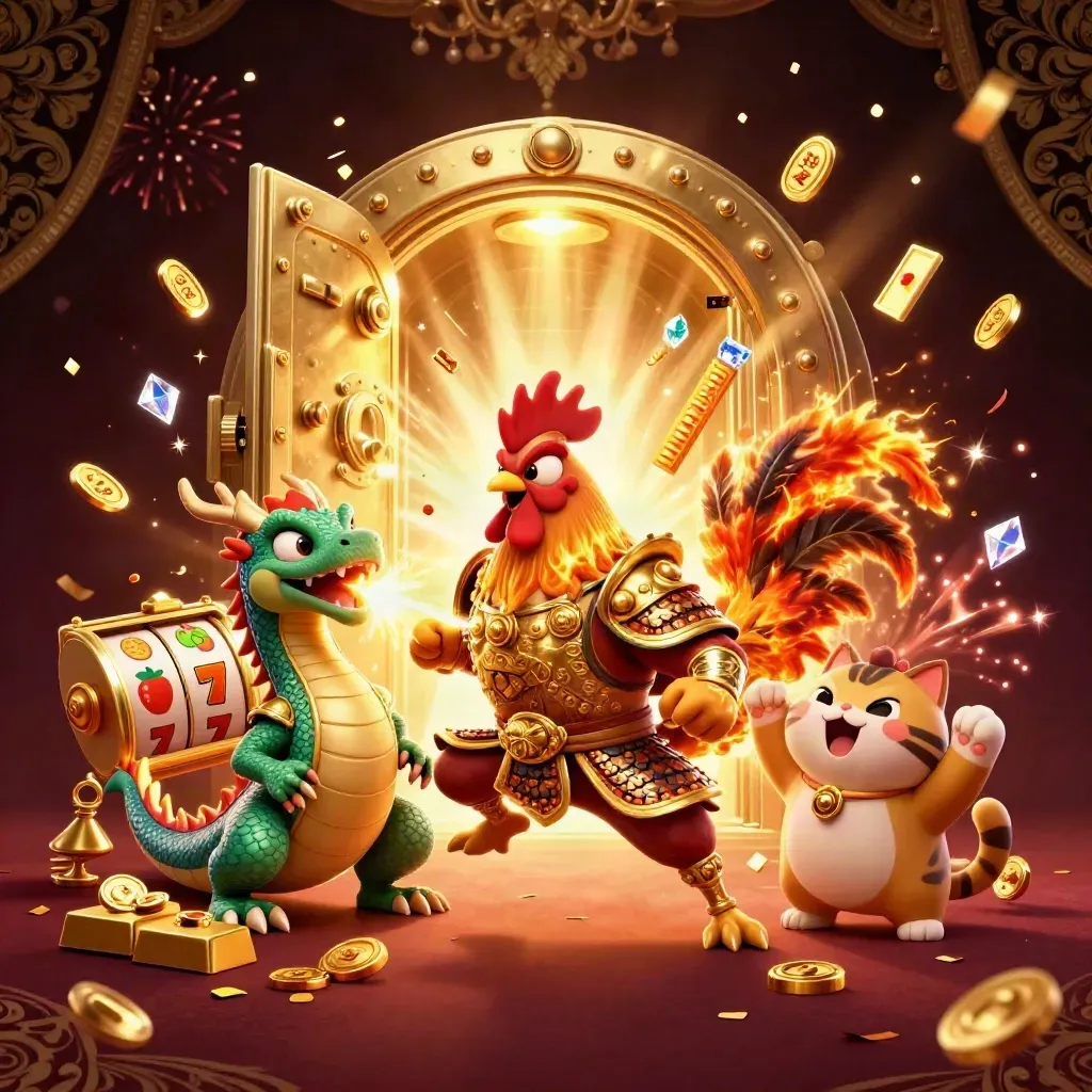 Ayam ksatria, naga kecil, dan kucing hoki di depan brankas emas meledak harta.