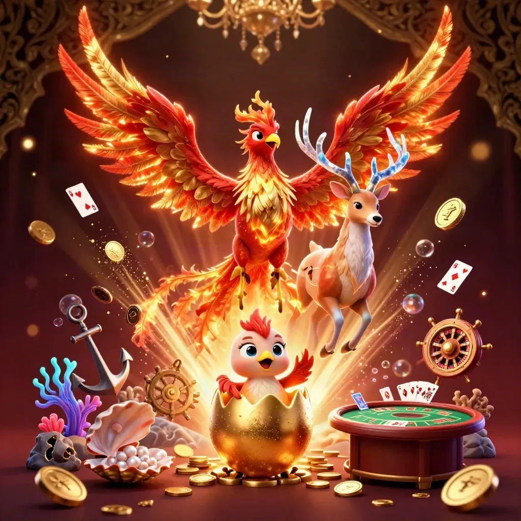 Burung phoenix, anak phoenix, dan rusa kristal di antara koin emas, kartu, dan cahaya mewah.