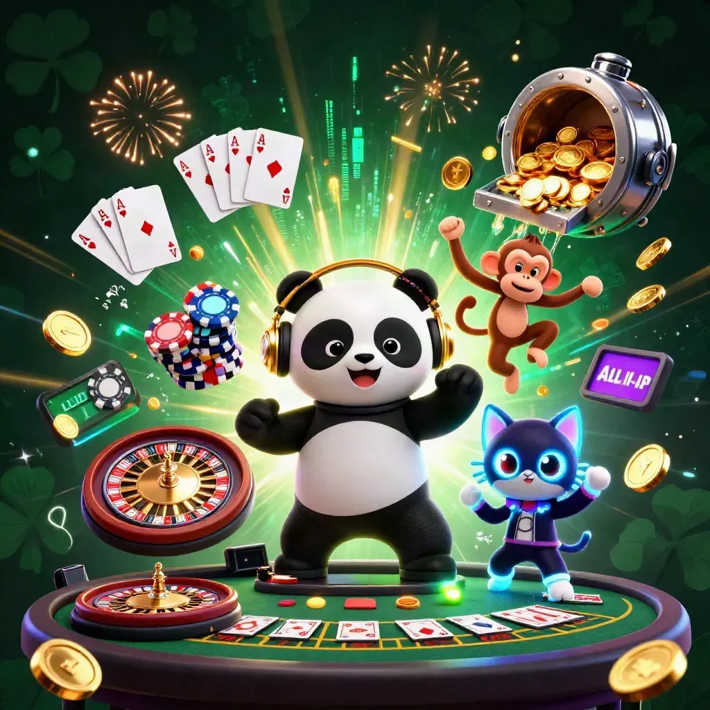 Panda DJ emas, monyet breakdance, dan kucing glow-stick di kasino neon penuh koin emas.