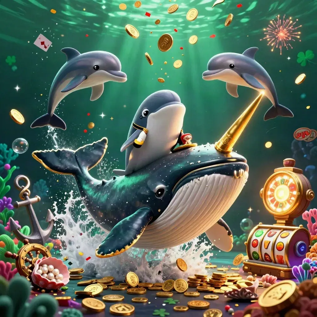 Ikan paus kapten raksasa dengan narwhal dan lumba-lumba di lautan koin, nuansa kasino mewah.
