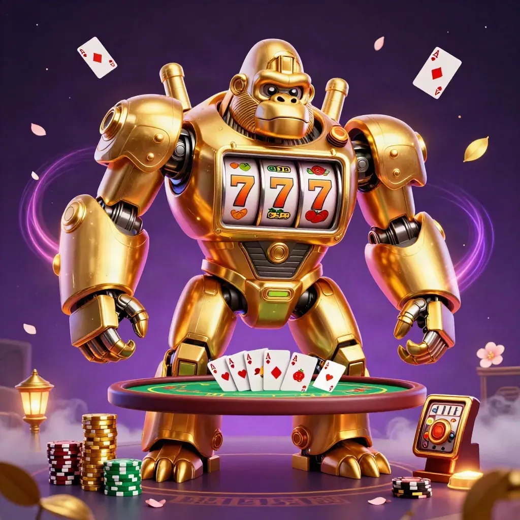 Gorila mech emas dengan pilot monyet kecil, kartu poker, chip, dan efek neon kasino.