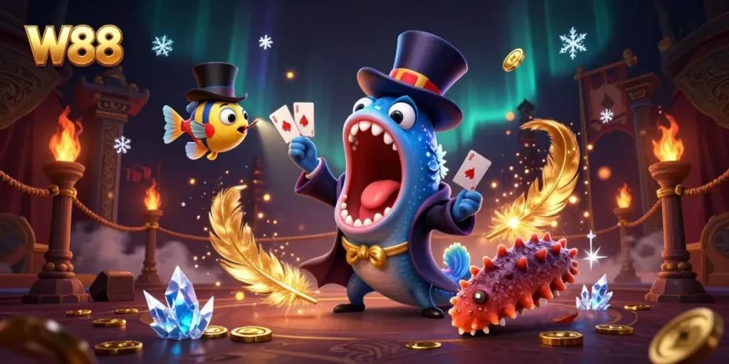 Engage in thrilling card tricks with W88's enchanting casino experience featuring magical sea creatures.