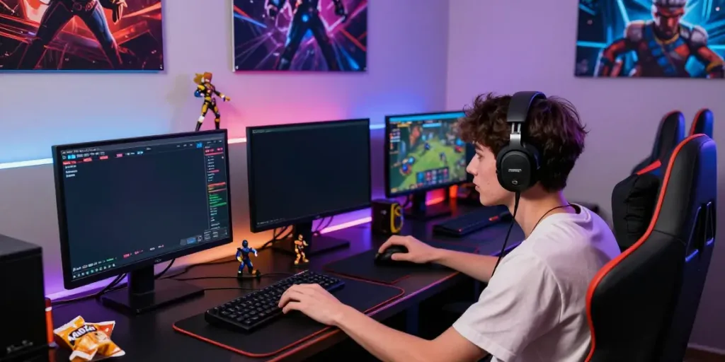 Gamer terfokus di depan komputer bermain alexistoto dengan suasana ruang yang dinamis.