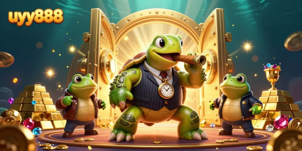Experience thrilling fun at uyy888 with delightful cartoon casino characters in a rich dynamic scene.