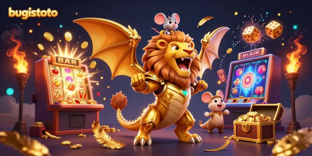 Ilustrasi bugistoto yang menggambarkan monster chimera 3D dalam suasana kasino penuh warna dan efek jackpot.