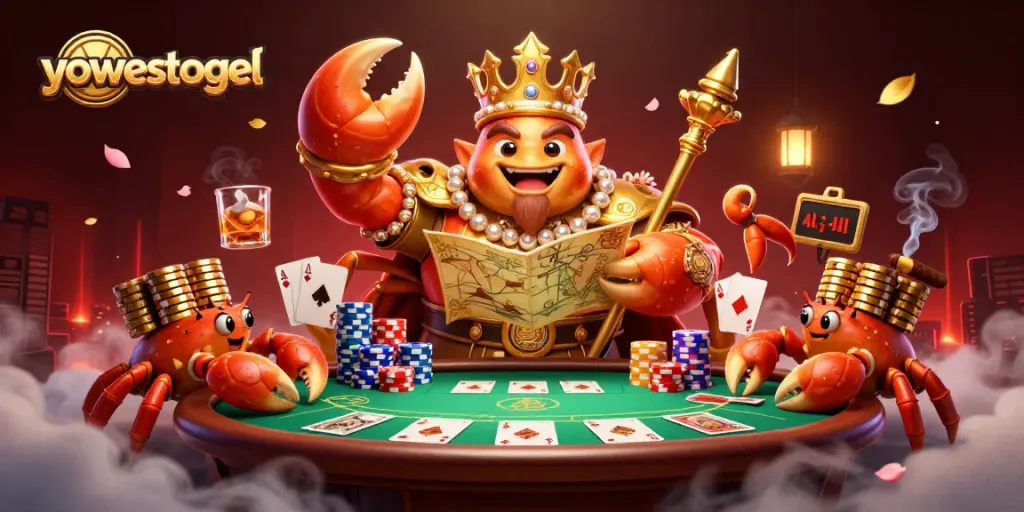 Win big with yowestogel in this vibrant illustration showcasing a crab emperor and poker elements.